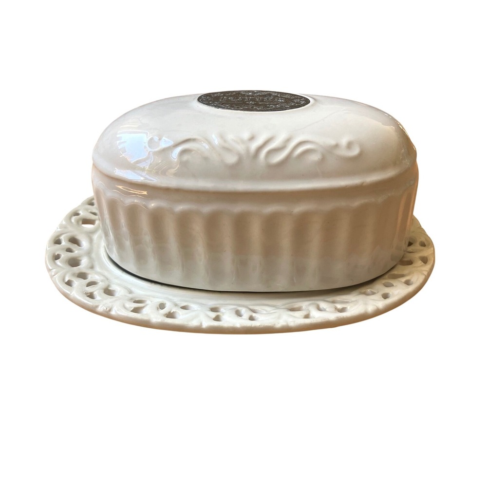 THL White Ceramic Butter Dish with Domed Lid and Pierced Tray Farmhouse Style